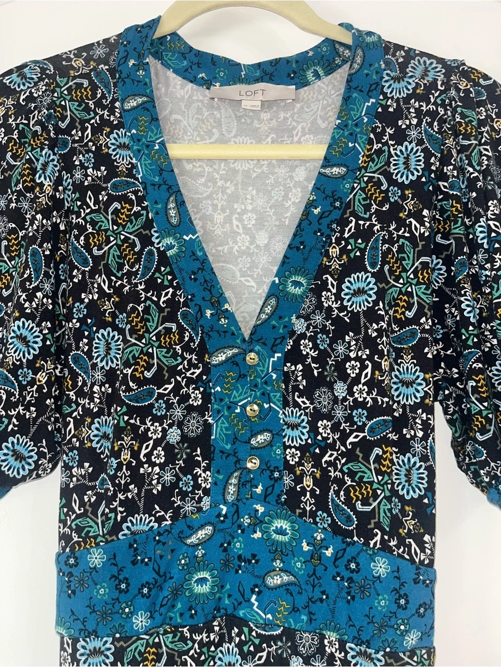 LOFT Teal Blue and Black Floral Maxi Dress Paisley Details V Neck Medium - Picture 6 of 9
